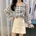 Plaid Ruffle Square Neck Blouse As Shown In Figure - One Size