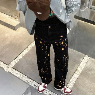 Elastic-waist Straight Leg Splash Ink Pants