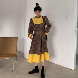 Long-sleeve Plaid Ruffled Midi A-line Dress As Shown In Figure - One Size
