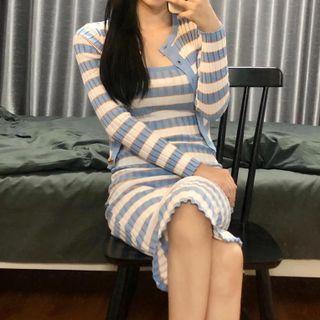 Striped Cropped Cardigan / Spaghetti Strap Knit Bodycon Dress