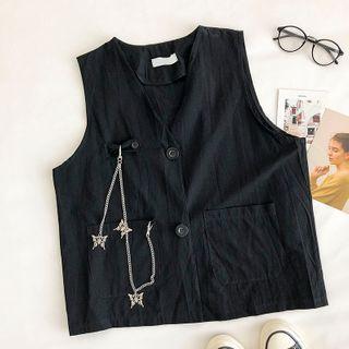 Plain V-neck Cargo Vest Black - One Size