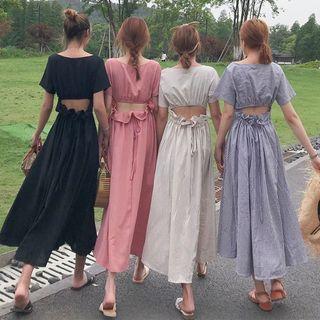 Check Short-sleeve Cutout-waist Dress