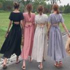Check Short-sleeve Cutout-waist Dress