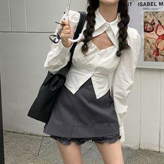 V-neck Asymmetrical Blouse / A-line Skirt