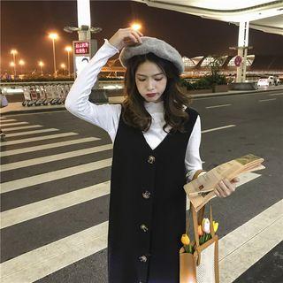 Long-sleeve Ribbed Top / Buttoned V-neck Jumper Dress