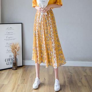 Floral Accordion Pleated Midi A-line Skirt