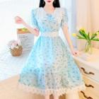 Short-sleeve Lace-trim Floral A-line Dress