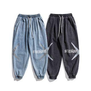 Lettering Print Denim Jogger Pants