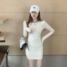 Long-sleeve Plain Mini Dress Beige Almond - One Size