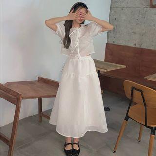 Puff-sleeve Striped Blouse / Midi A-line Skirt
