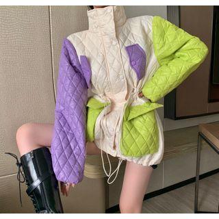 Color Block Quilted Zip-up Jacket Green & Off-white & Purple - One Size