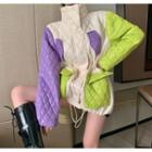 Color Block Quilted Zip-up Jacket Green & Off-white & Purple - One Size
