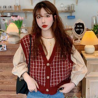 Plaid Button-up Knit Vest / Balloon-sleeve Round Neck Blouse