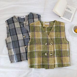 Color-block Plaid V-neck Double-breasted Vest