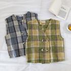 Color-block Plaid V-neck Double-breasted Vest