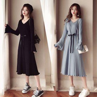 Long-sleeve Tie Waist Midi A-line Knit Dress