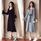 Long-sleeve Tie Waist Midi A-line Knit Dress