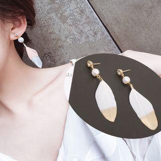 Faux Pearl Feather Dangle Earring Gold - One Size