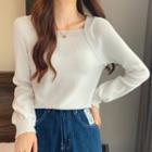 Puff-sleeve Plain Cropped Sweater