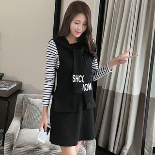 Set: Striped T-shirt + Hooded Pinafore Dress