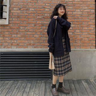 Knit Jacket / Plaid Midi Skirt
