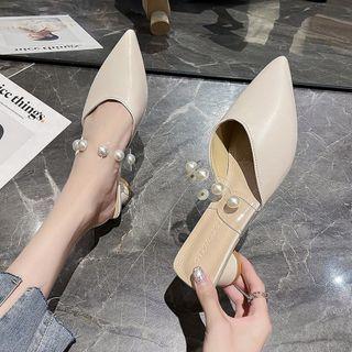 Round Heel Faux Pearl Studded Mules
