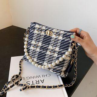 Faux Pearl Strap Plaid Crossbody Bag