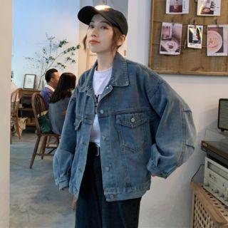 Pocket Washed Denim Jacket Blue - One Size
