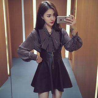 Set: Bow Pinstripe Blouse + Suspender Faux Leather Skirt