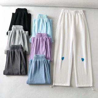 Heart Embroidered High Waist Wide Leg Sweatpants