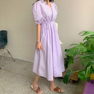 Puff-sleeve V-neck Midi A-line Dress Violet - One Size