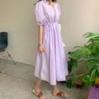 Puff-sleeve V-neck Midi A-line Dress Violet - One Size