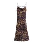 Spaghetti Strap Leopard Print Satin Midi A-line Dress
