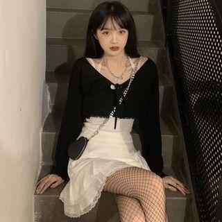 Halter-neck Top / Lace Trim A-line Skirt / Long-sleeve Crop Top / Set