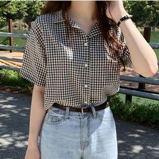 Elbow-sleeve Notch Lapel Gingham Shirt