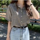Elbow-sleeve Notch Lapel Gingham Shirt