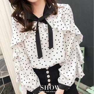 Long-sleeve Frill-trim Dotted Top