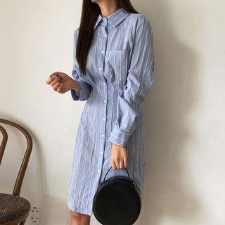 Pintuck-detail Stripe Shirtdress Sky Blue - One Size