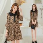 3/4-sleeve Leopard Print Collar Dress
