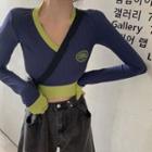 Long-sleeve Contrast Trim Knit Cropped Top As Shown In Figure - One Size