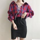 3/4-sleeve Tie Up Plaid Blouse