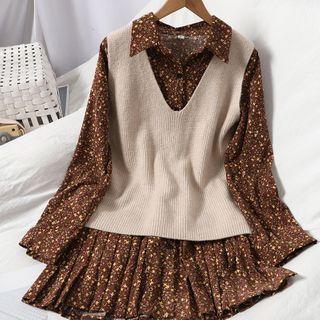 Set: Long-sleeve Pleated Floral Print Mini A-line Shirtdress + Sweater Vest