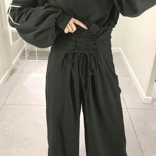 Plain Lace-up High-waist Loose-fit Wide-leg Pants