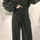 Plain Lace-up High-waist Loose-fit Wide-leg Pants