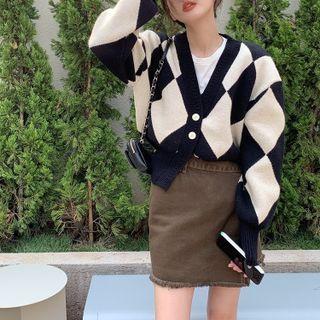 Argyle V-neck Cardigan / Irregular Mini A-line Skirt