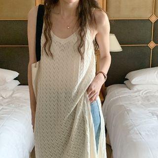 Spaghetti-strap Pointelle Knit Midi Dress