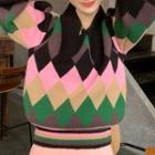 Color Block Argyle Cropped Sweater Argyle - Pink & Green & Black - One Size
