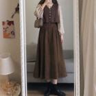 Flower Print Blouse / Button Vest / Midi A-line Skirt / Set