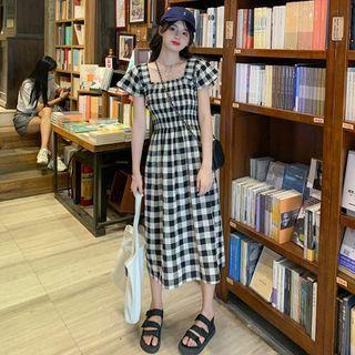 Short-sleeve Gingham Midi A-line Dress / Top