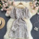Square-neck Short-sleeve Lace Print Dress + Crossbody Bag